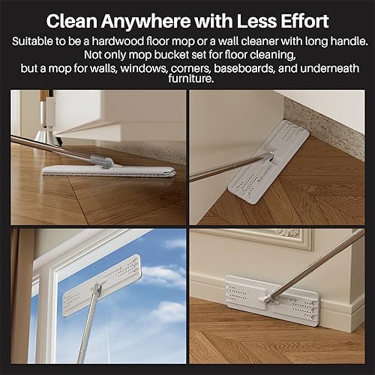 Mop and Bucket Set with Wringer, Flat Mops for Floor Cleaning, Wall Mop Cleaner with Long Handle, Hardwood Floor Mop with 4 Microfiber Pads1